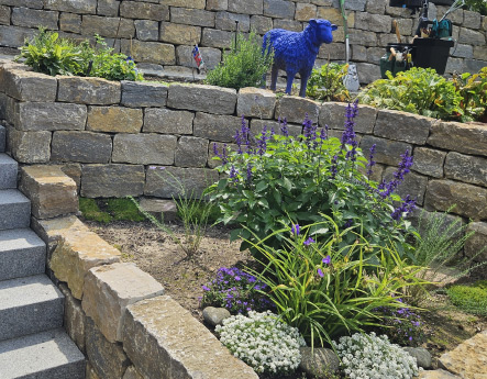 Gestufte Gartenanlage mit Natursteinmauern, Treppenstufen und blühender Bepflanzung.