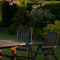 Sitzplatz im Garten mit Bäumen und Gehölzen als natürliche Gestaltungselemente.