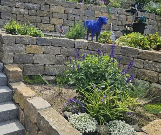 Natursteinmauern zur Einfassung bepflanzter Gartenbereiche.